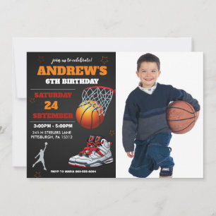 Convite de Aniversário com Foto de Basquete Laranj