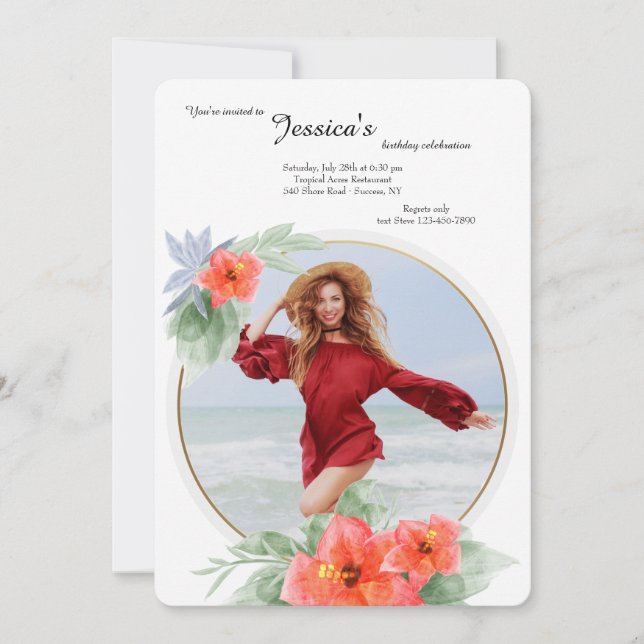 Convite de Aniversário com Foto de Hibisco (Frente)