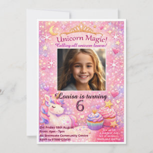 Convite de Aniversário com Foto de Unicórnio Rosa