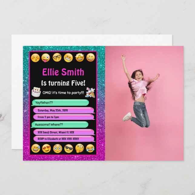 Convite de Aniversário com Foto e Emoji Editável (Frente/Verso)