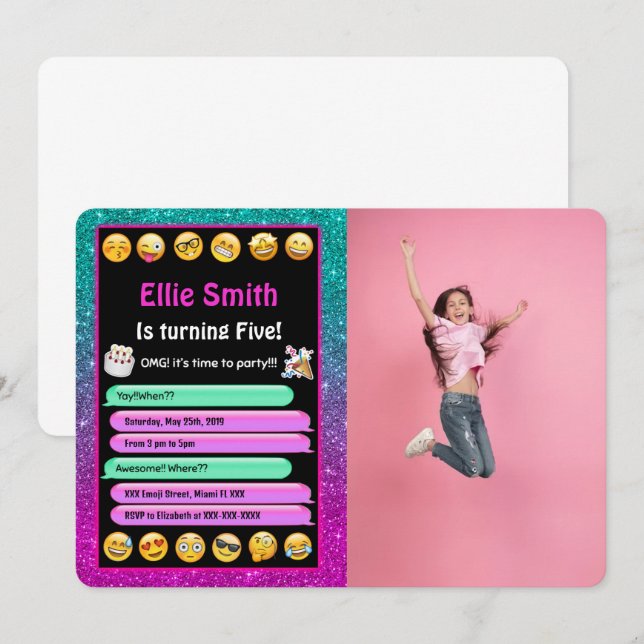 Convite de Aniversário com Foto e Emoji Editável (Frente/Verso)