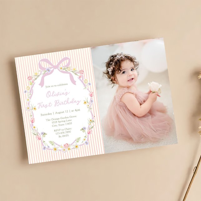 Convite de Aniversário com Foto e Listras Florais  (Criador carregado)