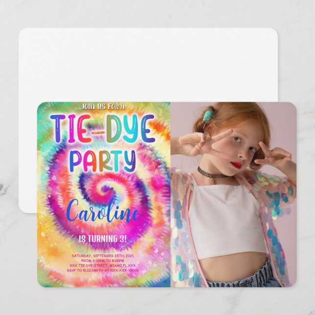 Convite de Aniversário com Foto em Tie Dye (Frente/Verso)