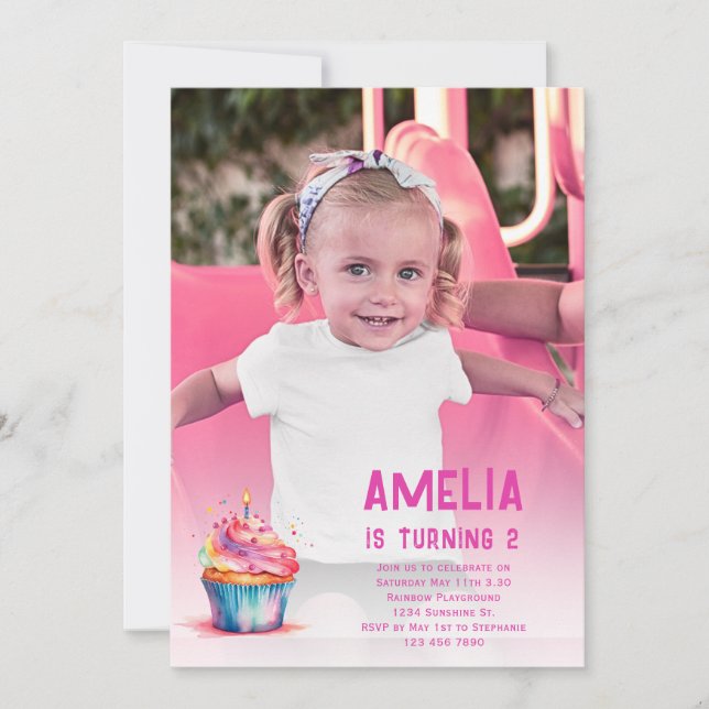 Convite de Aniversário com Foto Menina Cupcake Ros (Frente)