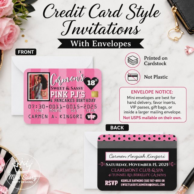 Convite de Aniversário com Foto para Cartão de Cré (Front and back pink credit card style birthday invite, mini cardstock VIP party invitation)