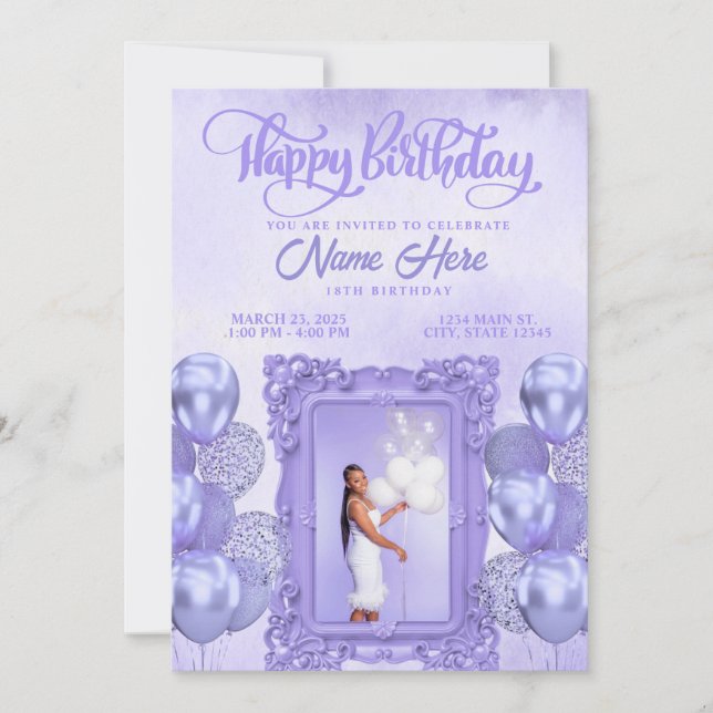 Convite de Aniversário com Foto Personalizada Roxa (Frente)