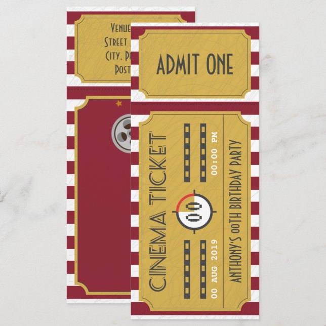 Convite de aniversário com ingresso de cinema para (Frente/Verso)
