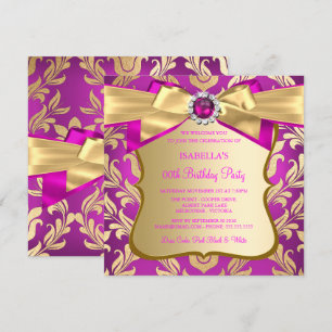 Convite de Aniversário com Laço Damasco Dourado Ro