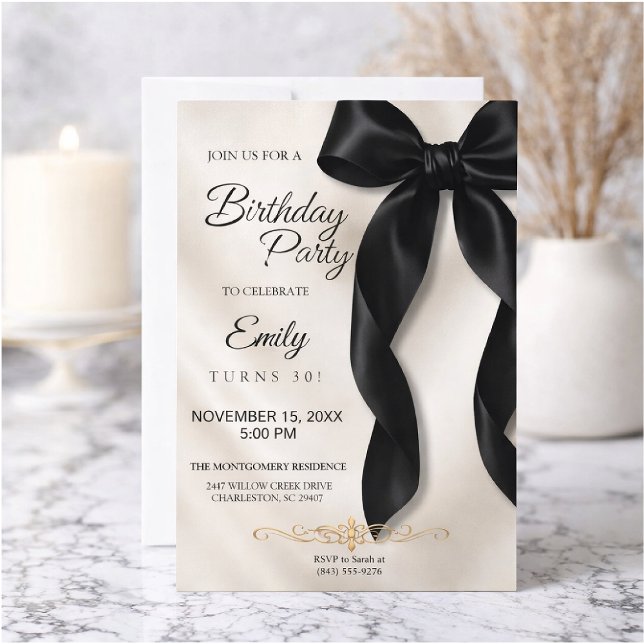 Convite de Aniversário com Laço Preto Elegante (Criador carregado)