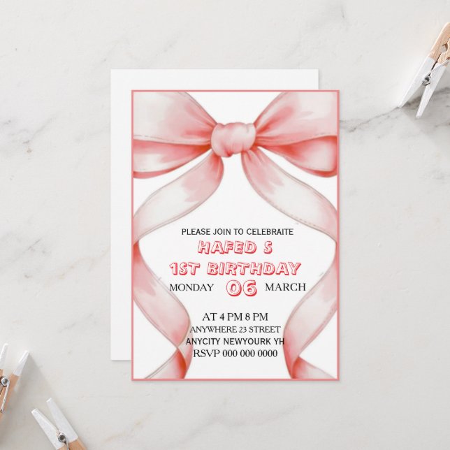 Convite de Aniversário com Laço Rosa, Convite de A (Frente/Verso In Situ)