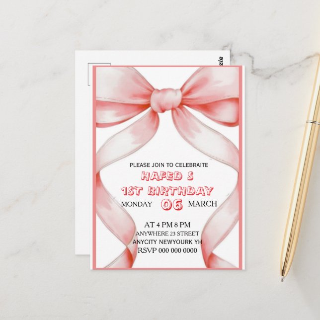 Convite de Aniversário com Laço Rosa, Convite de A (Frente/Verso In Situ)