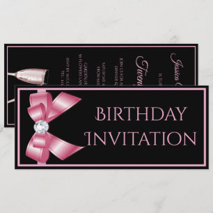 Convite de Aniversário com Laço Rosa e Champanhe
