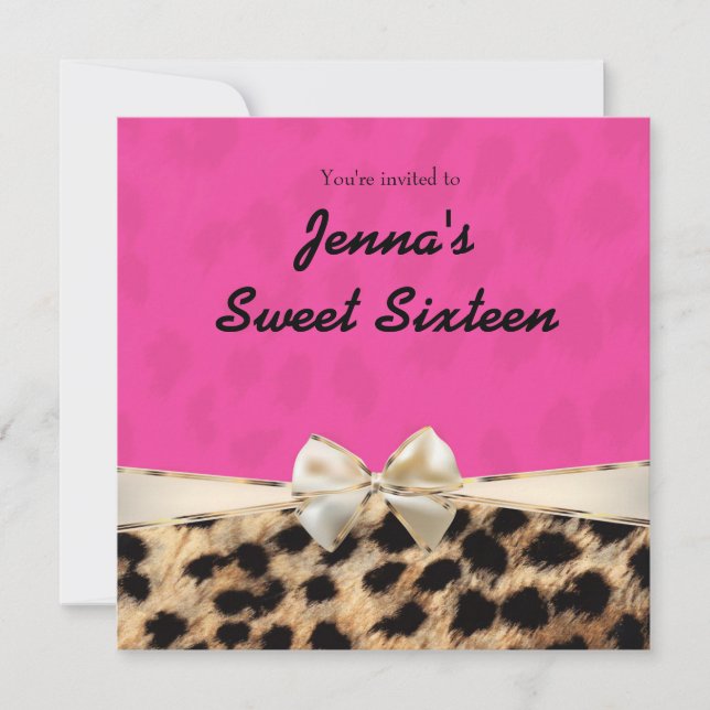 Convite de Aniversário com Laço Rosa e Leopardo Gu (Frente)