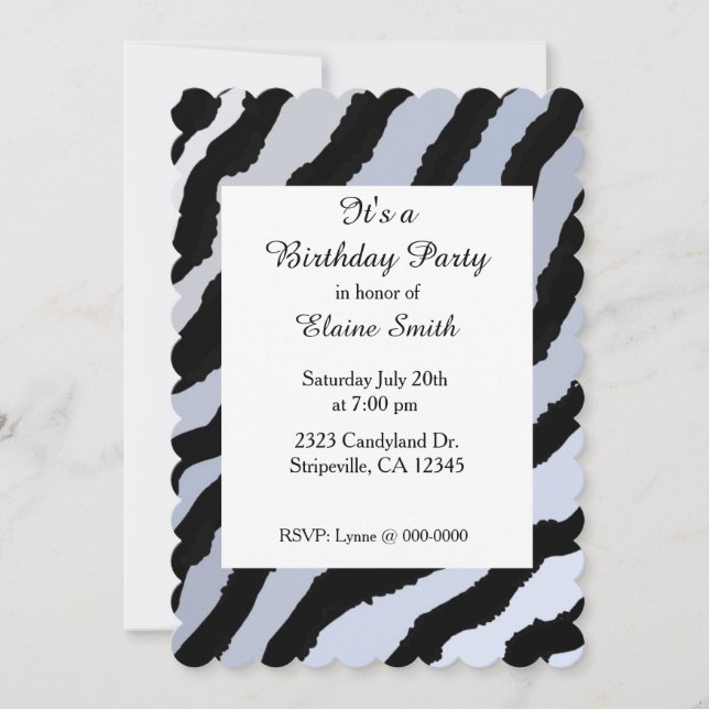 Convite de Aniversário com Listras de Zebra Preto  (Frente)