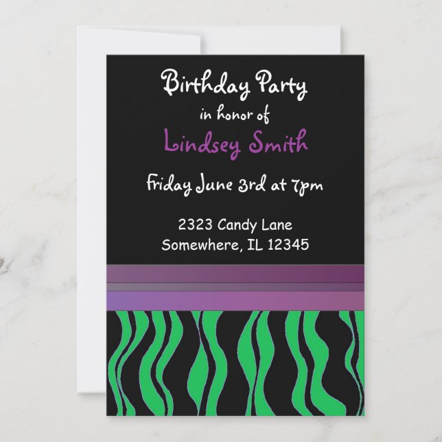 Convite de Aniversário com Listras de Zebra Verdes (Frente)