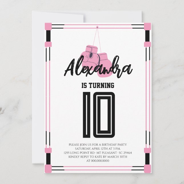 Convite de Aniversário com Luvas de Boxe Rosa (Frente)