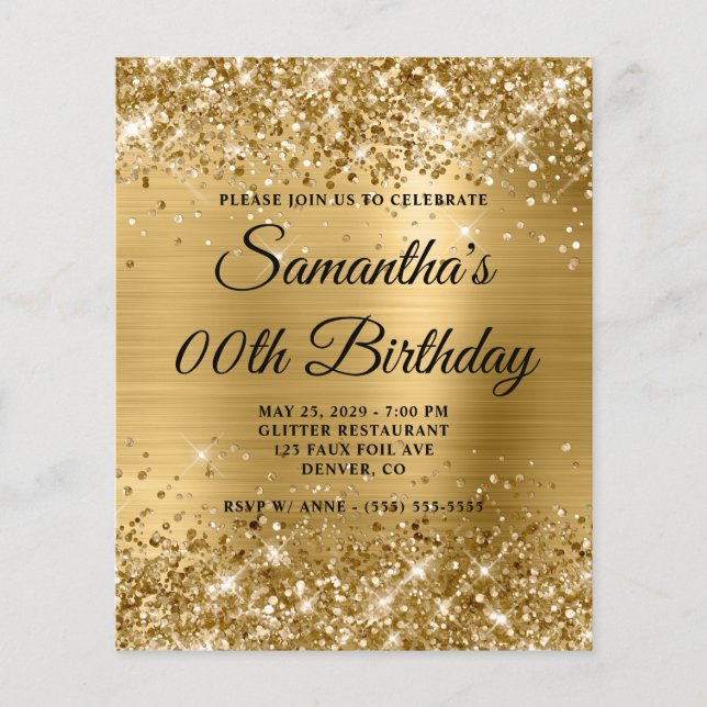 Convite de Aniversário com Monograma Dourado Brilh (Frente)