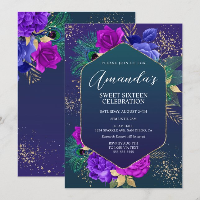 Convite de Aniversário com Penas de Pavão e Floral (Frente/Verso)