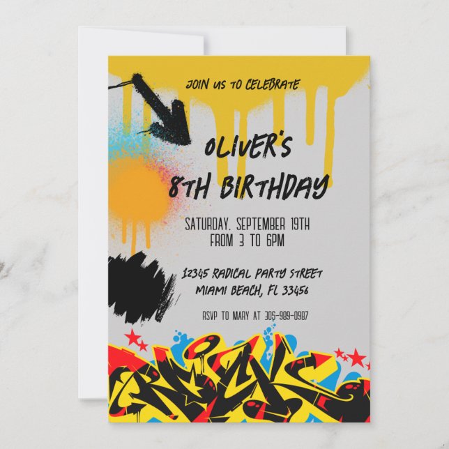 Convite de Aniversário com Pintura Graffiti Grunge (Frente)