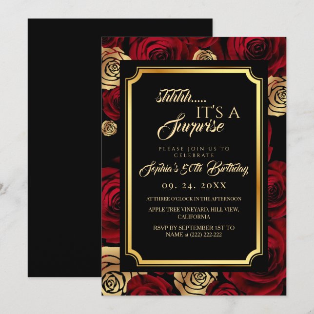 Convite de Aniversário com Rosas Burgundy Pretas (Frente/Verso)
