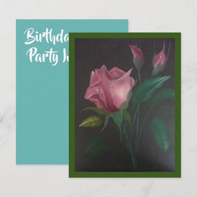 Convite de Aniversário com Rosas Rosas (Frente/Verso)