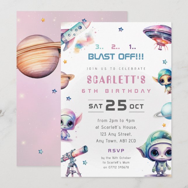 Convite de Aniversário com Tema de Alien Espacial  (Frente/Verso)