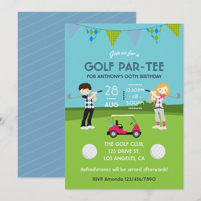 Convite de Aniversário com Tema de Golfe Infantil (Frente/Verso)