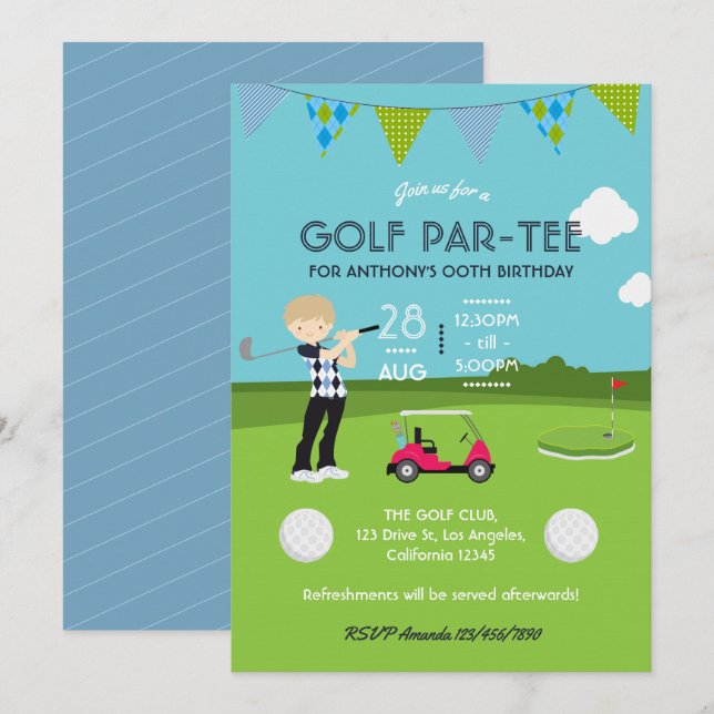 Convite de Aniversário com Tema de Golfe Infantil (Frente/Verso)