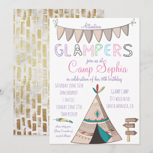 Convite de Aniversário com Tema Glamping (Frente/Verso)