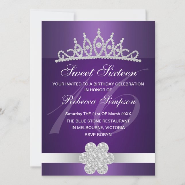 Convite de Aniversário com Tiara de Brilho Roxo (Frente)