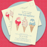 Convite de aniversário Cone 60th Birthday para Sor<br><div class="desc">Novo para o Verão de 2024. Nosso cartão-postal de convite "Sorvete,  Gritar Que Todos Gritares Feliz 60º Aniversário!". Três cones retrorados de sorvete de aquarela com sorvete vermelho,  branco e azul patriótico e aspersores ocupam o palco central acima de seus detalhes de festa de aniversário.</div>