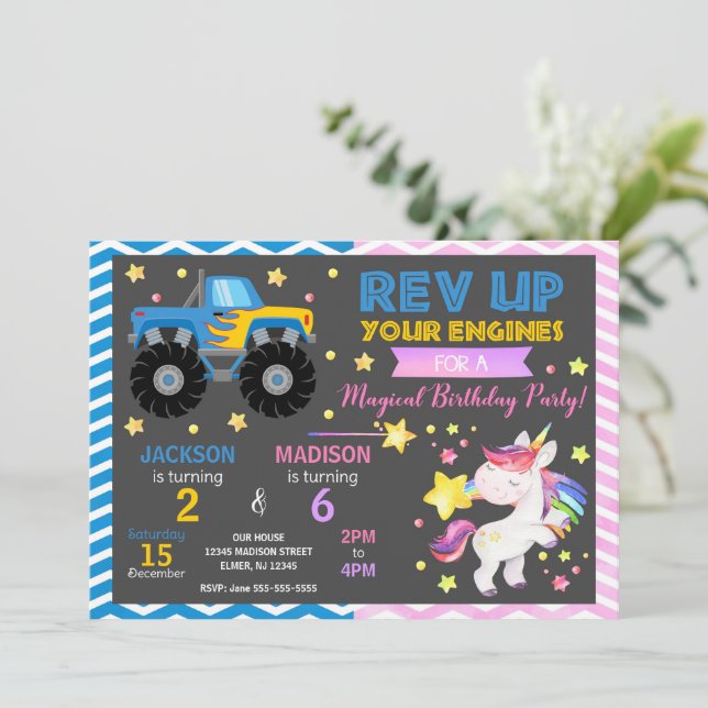 Convite de Aniversário Conjunto de Caminhão Monstr (Em pé/Frente)