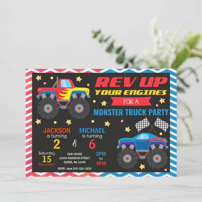 Convite de Aniversário Conjunto de Irmãos para Cam (Em pé/Frente)