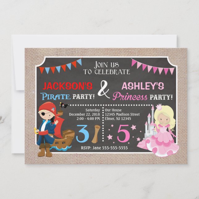 Convite de Aniversário Conjunto de Princesa e Pira (Frente)