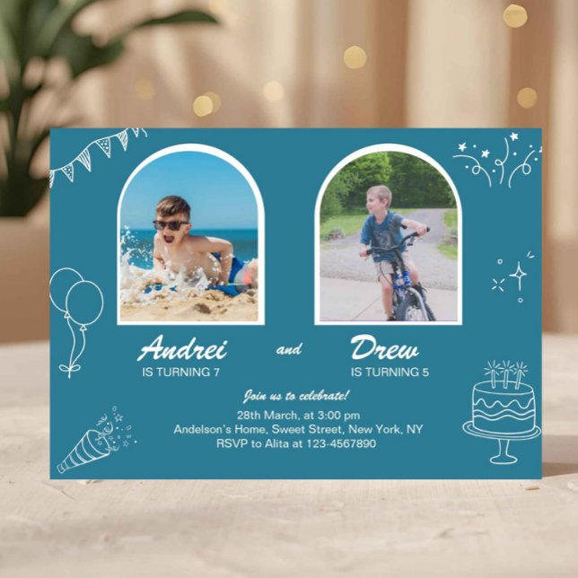 Convite de Aniversário Conjunto para Meninos Festa (joint birthday invitation, sibling birthday invite, two kids birthday invitation, double birthday pa)