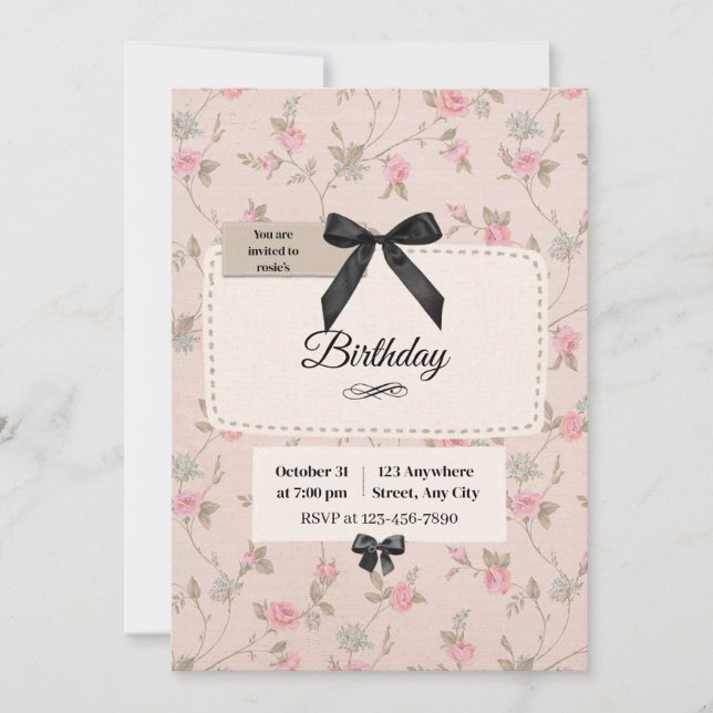 Convite de Aniversário Coquete com Laço Floral Ele (Frente)