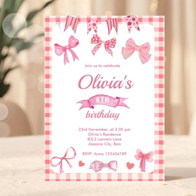 Convite de Aniversário Coquete com Laço Rosa Fofo (pink bow birthday, invite with bows, pink ribbon, large bow, coquette, baby girl, girly trendy, hear)