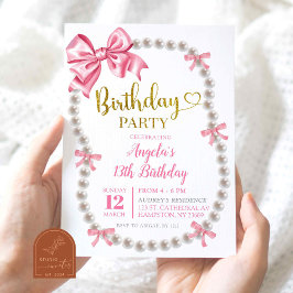 Convite de Aniversário Coquette Rosa Pérolas Laço