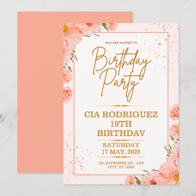 convite de aniversário cor-de-rosa (Frente/Verso)