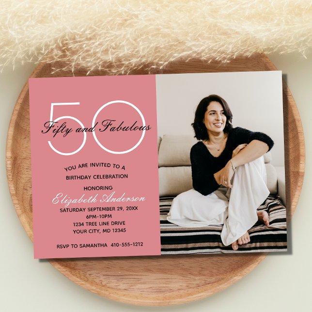 Convite de Aniversário Cor-de-Rosa 50 e Fabuloso (50th Birthday Party Invitation for her in Pink with Photo)