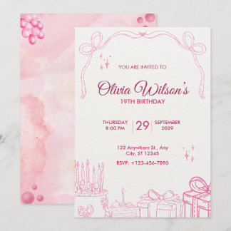Convite de Aniversário Cor-de-Rosa Desenhado à Mão