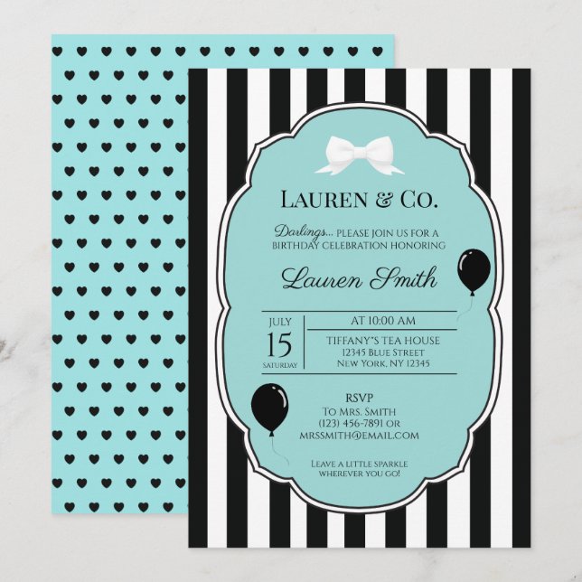 Convite de Aniversário Coração Tiffany e Co (Frente/Verso)