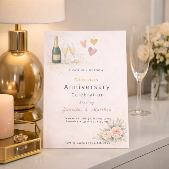 Convite de Aniversário Corações em Dourado Rosado (Blush and gold heart design with champagne detail for a romantic anniversary evening)