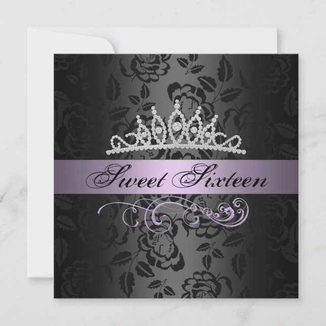 Convite de Aniversário Coroa de Tiaras Roxo/Preto  (Frente)