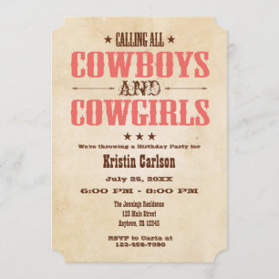 Convite de Aniversário Cowboy Vintage Coral