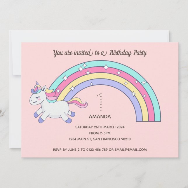 Convite de aniversário Cute Rainbow Unicorn (Frente)