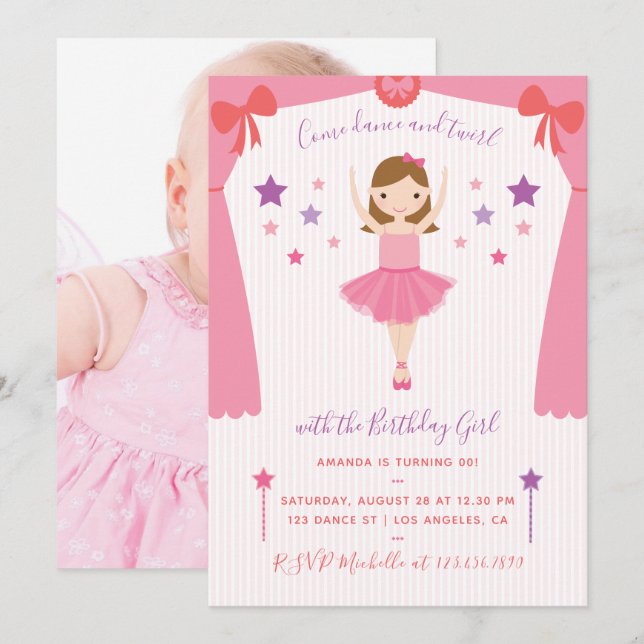 Convite de aniversário da bailarina rosa fofa adic (Frente/Verso)
