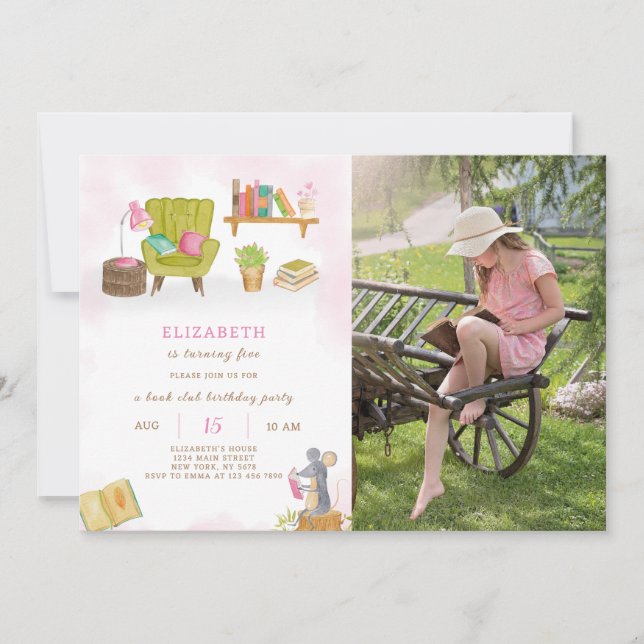 Convite de aniversário da biblioteca com foto (Frente)