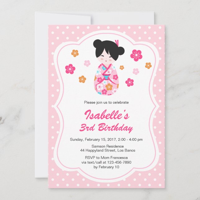 Convite de Aniversário da Boneca Kokeshi Japonesa  (Frente)