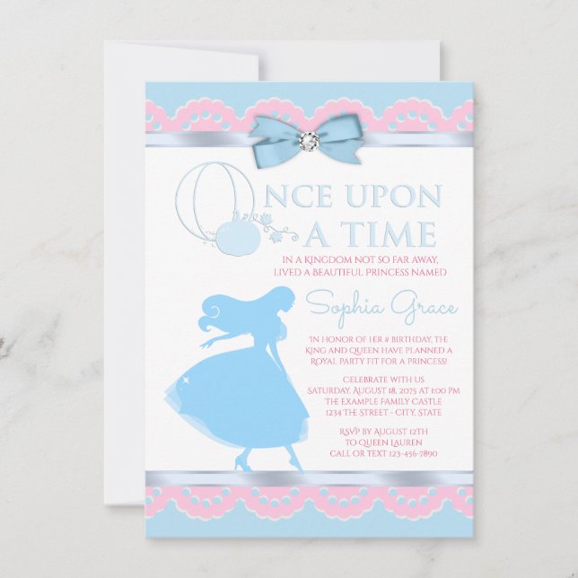 Convite de Aniversário da Cinderela Rosa Azul (Frente)